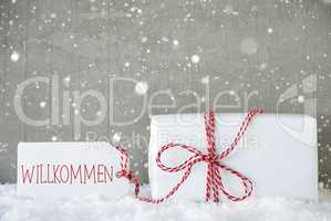 Gift, Cement Background With Snowflakes, Willkommen Means Welcom