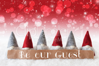 Gnomes, Red Background, Bokeh, Stars, Text Be Our Guest