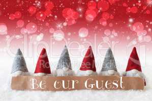 Gnomes, Red Background, Bokeh, Stars, Text Be Our Guest