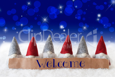 Gnomes, Blue Background, Bokeh, Stars, Text Welcome