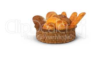 A basket of white bread and rolls. 3D rendering.