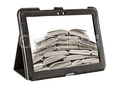stack of books on a tablet screen isolated on white background
