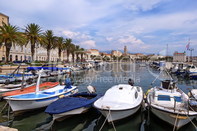 Riva waterfront, houses and Cathedral of Saint Domnius, Dujam, Duje, bell tower Old town, Split, Croatia