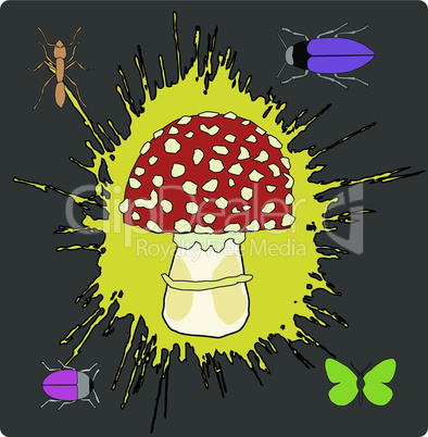 Abstract Fly Agaric with Insects Background