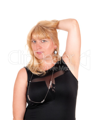 Blond woman in black dress.