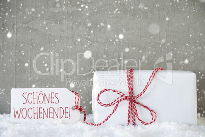 Gift, Cement Background With Snowflakes, Wochenende Means Happy Weekend