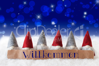 Gnomes, Blue Bokeh, Stars, Willkommen Means Welcome