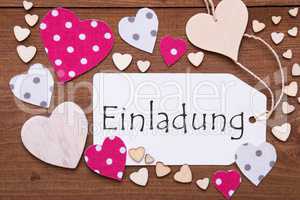 Label, Pink Hearts, Text Einladung Means Invitation