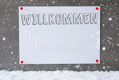 Label On Cement Wall, Snowflakes, Willkommen Means Welcome