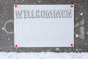 Label On Cement Wall, Snowflakes, Willkommen Means Welcome