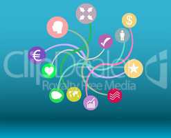 Social media network. Connected symbols for interactive, market, digital, communicate, connect, global concepts. Background with circles, lines and integrate flat icons