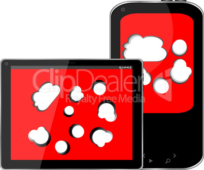 Blank mobile smart phone and digital tablet pc with cloud on the screen