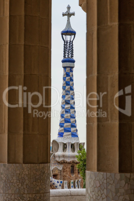 Detail of colorful mosaic work of Park Guell. Barcelona of Spain