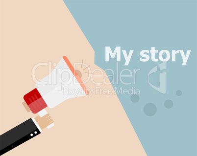 flat design business concept. My Story. Digital marketing business man holding megaphone for website and promotion banners.