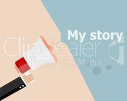 flat design business concept. My Story. Digital marketing business man holding megaphone for website and promotion banners.