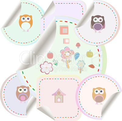 Set of doodle owls for funny decoration, such a logo. stickers set