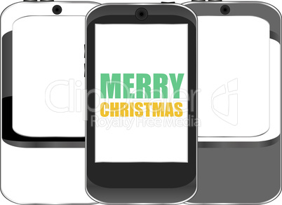 Smart phone with Merry Christmas greetings on the screen, holiday card