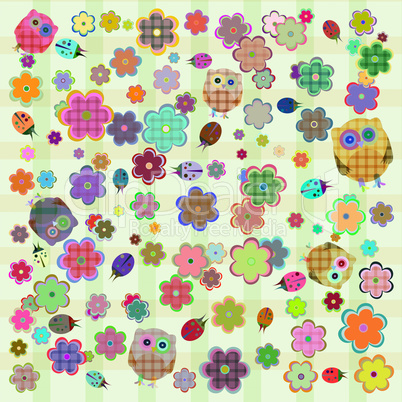 cute little owls ladybugs and flowers background