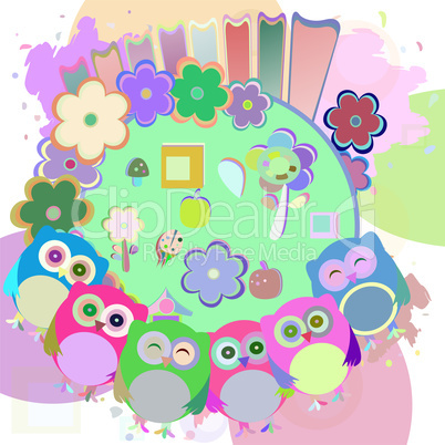 retro flowers and cute owls