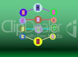 Social media network. Connected symbols for interactive, market, digital, communicate, connect, global concepts. Background with circles, lines and integrate flat icons.