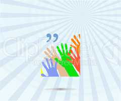 Quotation mark speech bubble. quote sign icon. people hands. dance party concept