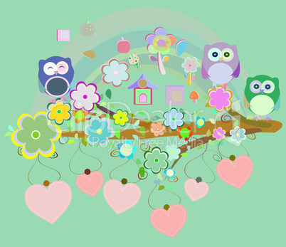 owls birds and love heart tree branch.