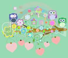 owls birds and love heart tree branch.
