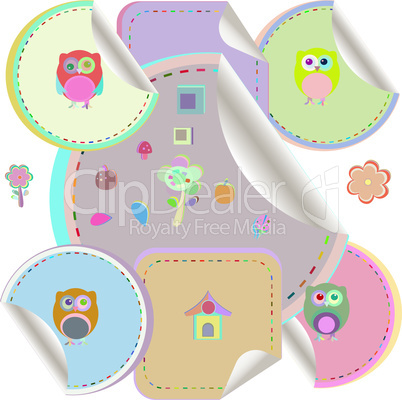 Set of doodle owls for funny decoration, such a logo. stickers set
