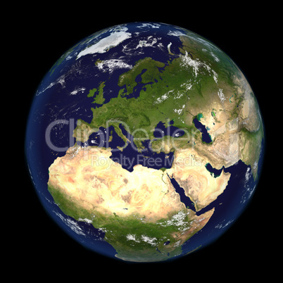 The Earth from space showing Europe and Africa 3d render illustration. Other orientations available.