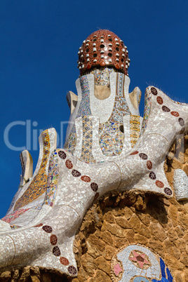 Detail of colorful mosaic work of Park Guell. Barcelona of Spain