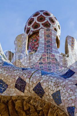 Detail of colorful mosaic work of Park Guell. Barcelona of Spain