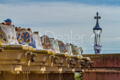 Detail of colorful mosaic work of Park Guell. Barcelona of Spain