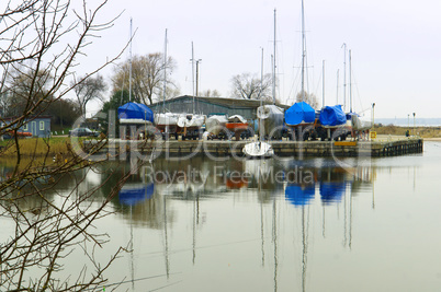 boat, winter, dock, storage, boat, anchor, stand