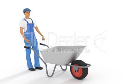 Construction worker with wheelbarrow, 3d illustration