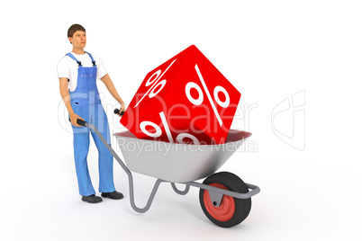 Construction worker with wheelbarrow and percent cube, 3d illustration