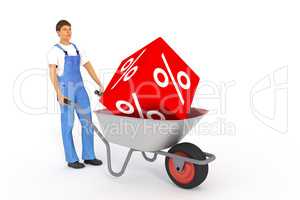Construction worker with wheelbarrow and percent cube, 3d illustration