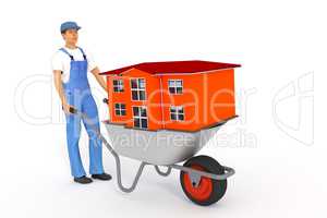 Construction worker with wheelbarrow and house, 3d illustration