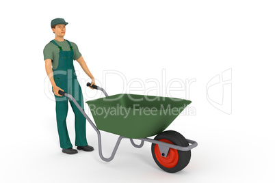 Construction worker with wheelbarrow, 3d illustration