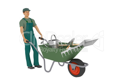 Gardener with wheelbarrow and tools, 3d illustration