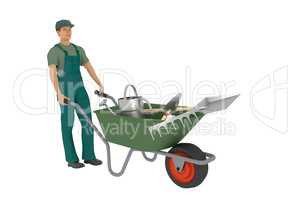 Gardener with wheelbarrow and tools, 3d illustration