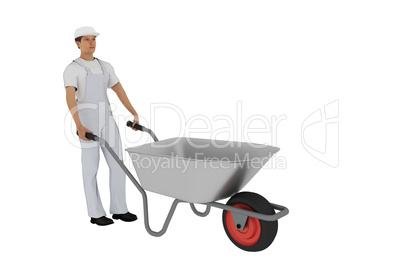 Construction worker with wheelbarrow, 3d illustration