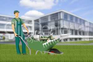 Gardener with wheelbarrow and tools, 3d illustration