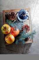 Christmas oranges in wooden box