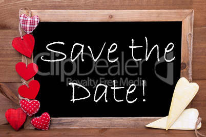 Chalkbord, Red And Yellow Hearts, Text Save The Date