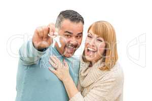 Mixed Race Couple Isolated on White Holding New House Keys