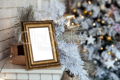Photo frame in christmas decorated background