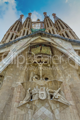 Frontal view of "La Sagrada Familia". Picture without cranes, cl