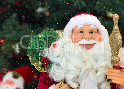 smiling face of a New Year's Santa Claus, snowing