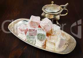 Rose flavoured Turkish delight in traditional silver bowl