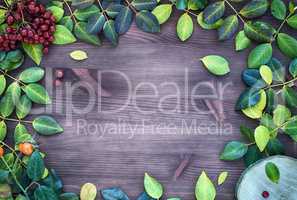 Brown wood background with fallen leaves